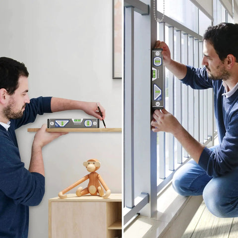 Person using Pro Grade 10 Inch Torpedo Level By WORKPRO With 3 Bubble Vials for carpentry and window installation.