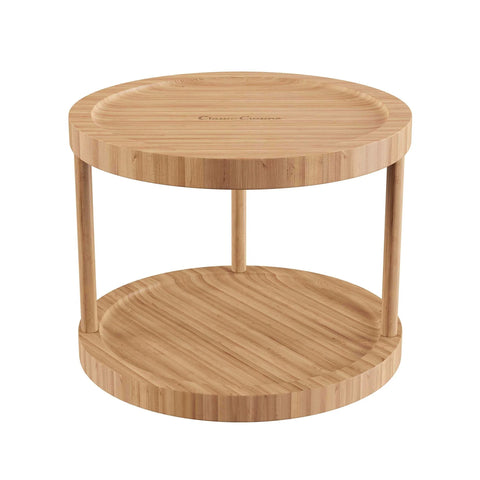 10 inch two tier bamboo lazy susan turntable organizer showing a round bamboo display for kitchen and pantry use