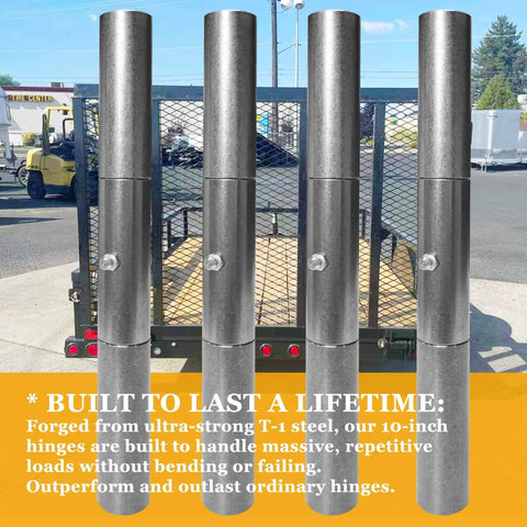 10 Inch Weld On Trailer Ramp Hinge Set 4 Pack Heavy Duty Greasable Hinges in front of a trailer, 2000 lb load capacity