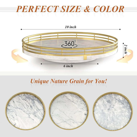 White marble lazy susan turntable for table top, 10 inch round natural marble tray with gold frame, top view.