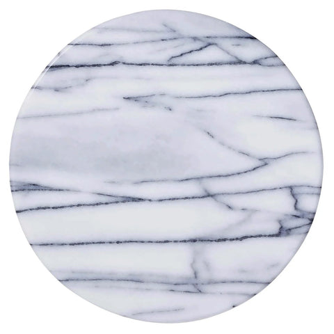 10 inch white marble lazy susan turntable with aluminum bearing, smooth surface showing natural marble veining details.