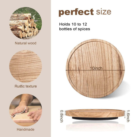 Wood lazy susan organizer kitchen turntable, 10 inch round decorative farmhouse tray in brown, showcasing rustic texture and size.