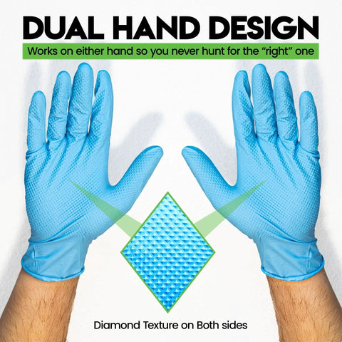 10 Mil Nitrile Heavy Duty Gloves With Diamond Grip For Mechanics Auto Repair shown with dual hand design and textured grip