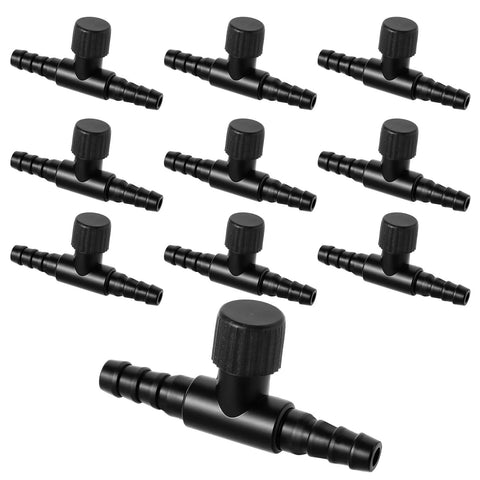 Ten black plastic T-shaped aquarium air flow control valves with knurled knobs for 3/16 in tubing