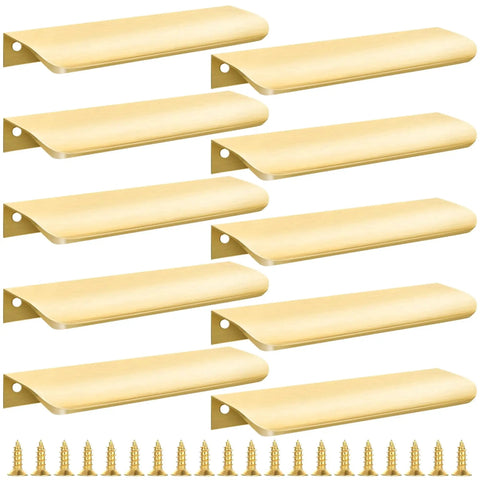 Image of 10 Pack Gold Finger Pulls For Cabinets And Drawers 6 Inch Edge Concealed Mount Modern Aluminum Brushed Gold Kitchen Cabinet Handles Hardware With Comfortable Non Slip Grip And Rust Resistant Durable Construction displayed with screws.