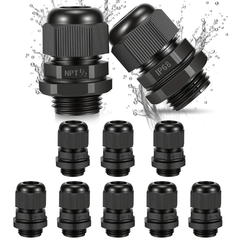 10 Pack Half Inch NPT Waterproof Cable Glands IP68 Rugged Heavy Duty Nylon PA66 Strain Relief Wire Grommet Cord Grip For 6 To 12mm Cables Junction Box