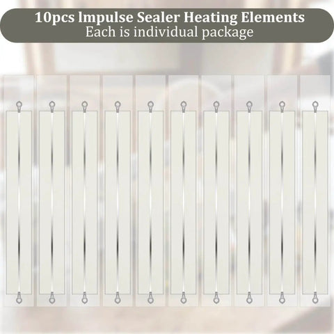 Set of 10 Pack Heat Sealer Replacement Strips For Impulse Sealers, Includes Nylon Cloth Strips, visible in individual packaging.