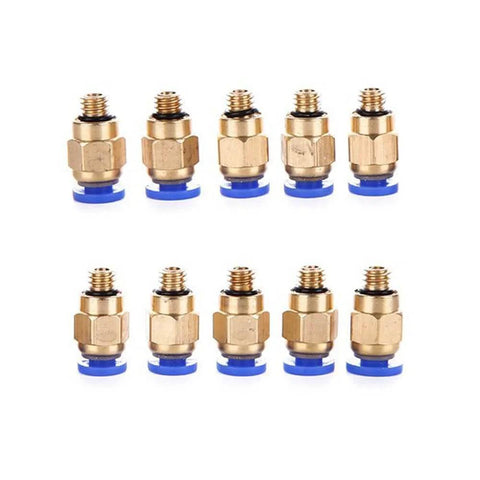 10 Pack PC4 M6 Pneumatic Straight Fittings For 4 Mm Nylon Tube M6 Thread Quick Connect Blue Copper Finish Ideal For Polyurethane Or Nylon Tubing In Air Lines And DIY Pneumatic Projects Single Use in a row.