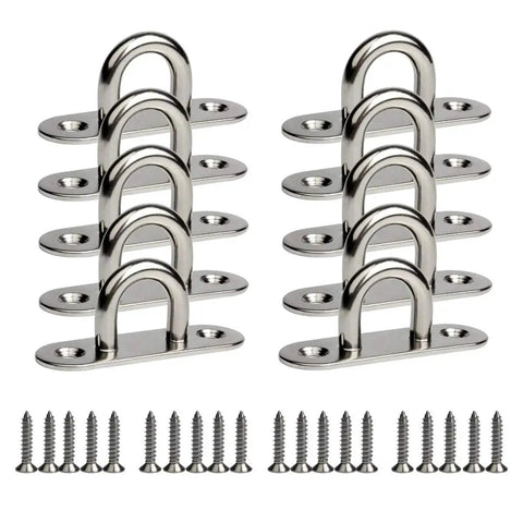 10-Pack 304 Stainless Steel Ceiling Hook Ring Hooks With Enclosed Eye Plate M5 Mounting Plate and 20 screws shown in set for rigging
