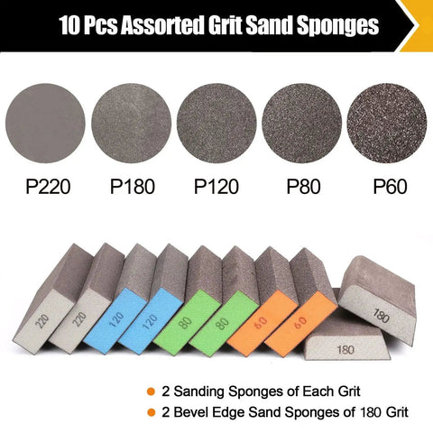 10 Pack Washable Sanding Blocks With Grit 60 80 120 180 220 For Wood Or Metal displayed with grit levels and colors