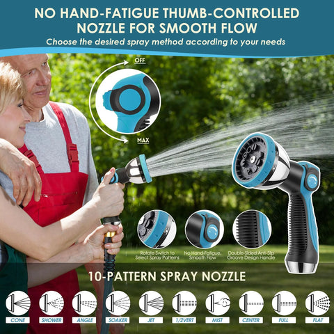 FlexiSolve non-expandable garden hose with 150 ft blue and black hose and a 10-pattern spray nozzle