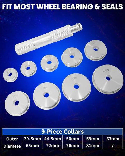 10 Piece Bearing Race And Seal Driver Kit with 9 dual-sided aluminum adapters shown on a blue background for automotive use