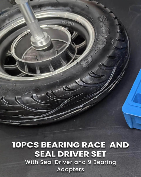 10 Piece Bearing Race And Seal Driver Kit For Quick No Damage Installations Pro Grade Bearing Press Tool in use on tire