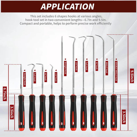Front view of Hook And Pick Set 10 Piece Precision Tool Kit With Non Slip Grips for Automotive O Ring Seals Gaskets Removal.