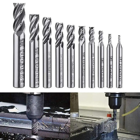 10 Piece 4 Flute End Mill Set in metric sizes 2mm to 12mm, HSS high speed steel, CNC milling, suitable for wood aluminum cast iron plastic