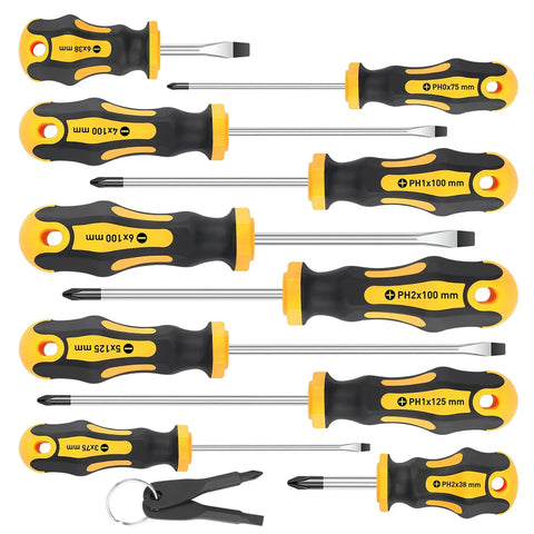 10 Piece Magnetic Screwdriver Set With 5 Phillips And 5 Slotted Tips Cushion Grip Handles And Chromium Vanadium Steel Construction