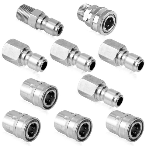 10pcs 1/4in stainless steel pressure washer quick-connect fittings with male and female threads for hoses and pumps