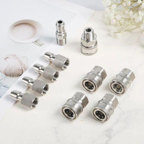 10pcs stainless steel pressure washer quick-connect fittings set with male and female adapters, 1/4in