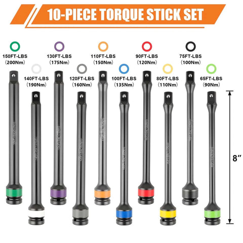Torque Limiting Extension Bar Kit, 10 Piece 1/2" Drive Torque Wrench Set with Color-Coded Torque Sticks (65-150 Ft-Lbs) display
