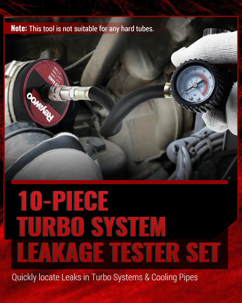 Turbo system leakage tester kit, 10-piece, connected to car turbo with pressure gauge and hose.