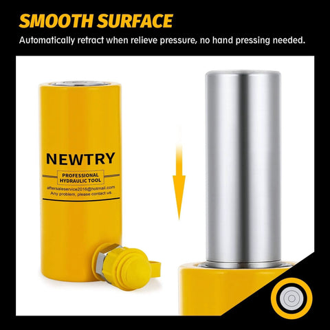 Yellow 10 ton Hydraulic Cylinder Long Jack 4” Stroke Porta Power Ram with smooth surface and retract feature for shipbuilding.