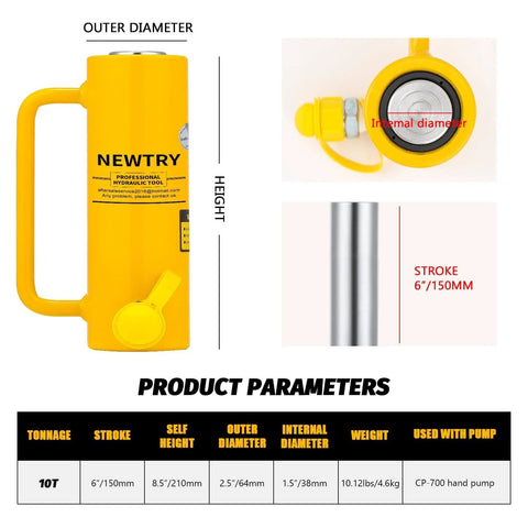 10 ton Hydraulic Jack Cylinder Long Ram 6” Stroke Portable Hydraulic Ram Industrial Lifting Tool diagram with product specifications
