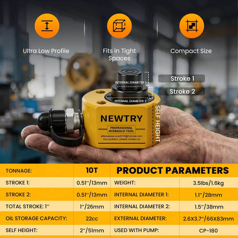 10 Ton Hydraulic Ram Jack With Low Profile Multi Section Cylinder 1 Inch Total Stroke Portable Workhorse For Machinery Bridges And Construction Projects Newtry