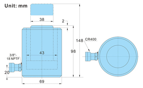 Technical diagram of 10 Ton Hydraulic Cylinder Ram Single Acting 2 Inch Stroke 10T Hydraulic Cylinder Jack with dimensions in mm