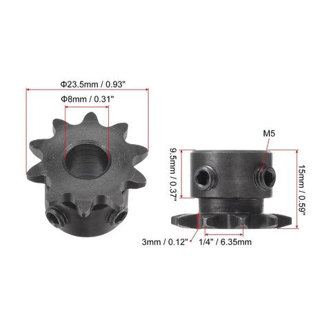 Two 10 Tooth Chain Sprockets With One Quarter Inch Pitch And 8 Millimeter Bore For ISO 04C Chains C45 Carbon Steel Sprockets Built Tough As Nails With M5 Set Screws 23.5 Millimeters Outside Diameter 9.5 Millimeters Wide 15 Millimeters Total Width