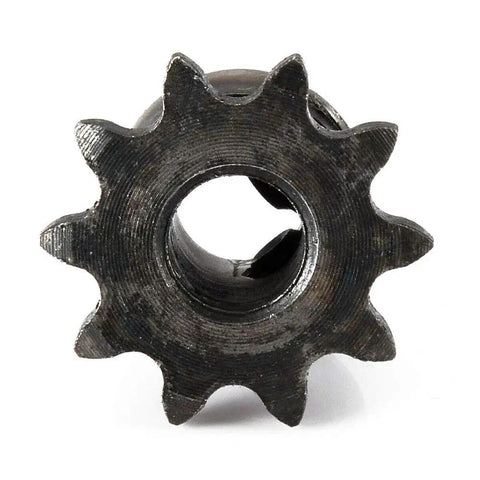 Front view of Two Pack 8mm Bore 10 Tooth Metal Pilot Motor Gear Sprocket for Roller Chain Drive, ideal for CNC projects and DIY robots.