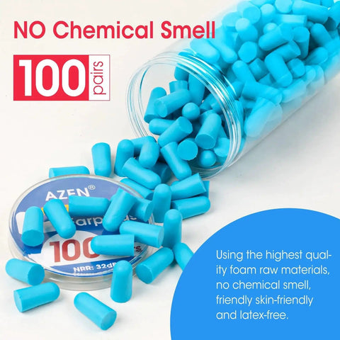 100 Pairs Foam Ear Plugs Bulk NRR 32dB Lake Blue Soft Comfortable Disposable in open container with no chemical smell sign