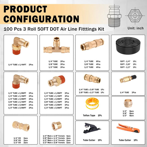 CheeMuii brass DOT air line fittings kit, 100 pcs with 3 rolls and 50 ft hose; includes 1/4–1/2 in fittings