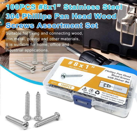 100 Pcs #8 x 1 Inch Pan Head Wood Screws Made from 304 Stainless Steel showing screws and storage case for various projects.