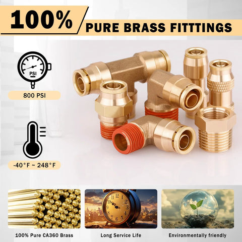 All In One DOT Air Line Kit With Brass Fittings 100 Pcs Includes 150 Ft Of One Half Inch Three Eighths Inch And One Quarter Inch Lines Push Lock Quick Connect Fittings Air Hose Pneumatic Tubing Plus Tees Unions Elbows displayed with various brass fittings.