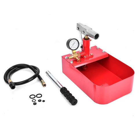 Hydraulic pressure test pump (1000 PSI) in red base with gauge and inlet valve; includes black hose, metal rod, and O-rings.