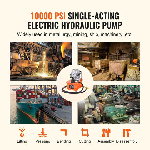 Electric Hydraulic Pump, 10000 PSI 750W 110V with images of industrial use in metallurgy, mining, and shipping applications.