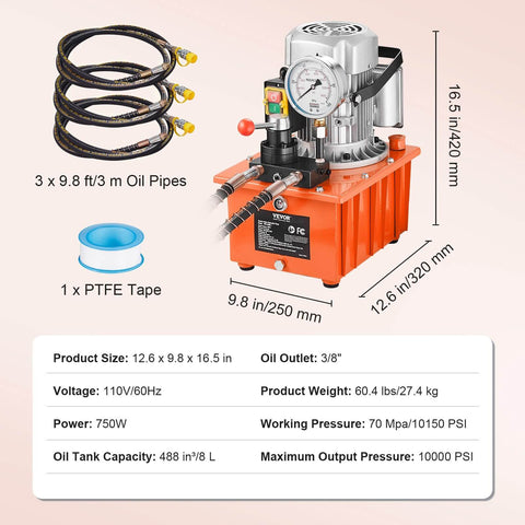 10000 PSI 750W 110V 488 in³/8L Capacity, Double Acting Manual Valve, Electric Driven Hydraulic Pump Power Pack Unit, Orange