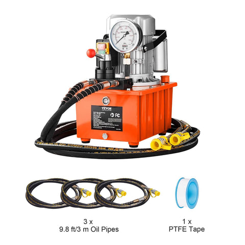 10000 PSI 750W 110V hydraulic pump power pack unit with lever switch, orange, shown with oil pipes and PTFE tape for machine use
