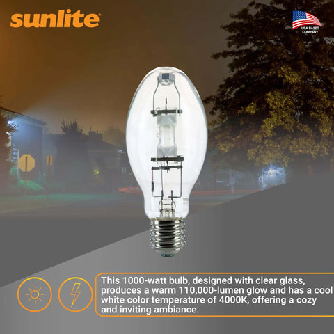 Powerful 1000 Watt Metal Halide Lamp With Mogul Base E39 BT37 M47, 110,000 Lumen Output, Clear Finish, Sunlite