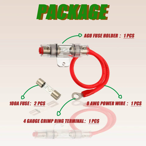 Heavy Duty 100A AGU Fuse Holder With 8 Gauge Power Wire, 1 Foot Of 99.9 Percent Oxygen Free Copper, Easy Install