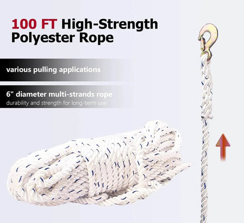 100 ft high-strength polyester rope for Three Quarter Ton Rope Puller Come Along Winch With 100 Ft Rope For Tree Felling Hauling