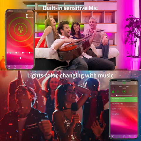 People enjoying a party with 100ft RGB LED Strip Lights With Music Sync And App Control, showcasing color-changing LED lights.