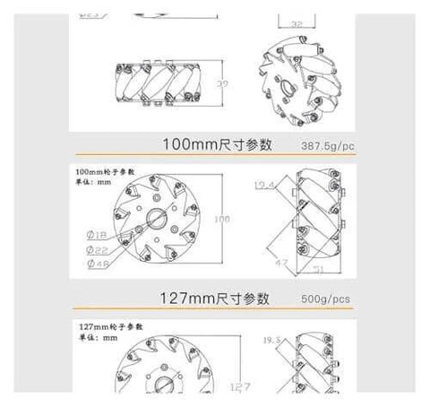 Technical diagram of Metal Wheel 4 Wheels/Set Omni Metal Mecanum Wheel, 100mm Omnidirectional Wheel with dimensions and specs shown.