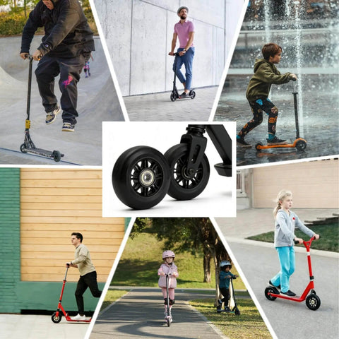 Collage of people using scooters with central image of Pro Kick Scooter Replacement Wheels 100mm Pair - Heavy Duty PU Wheels