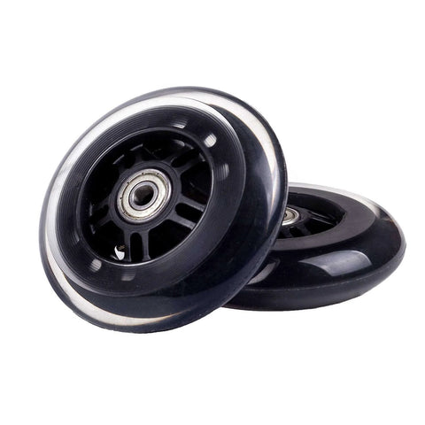 Black 100mm Scooter Replacement Wheels Pair with ball bearings for pro stunt scooters, shown close-up.