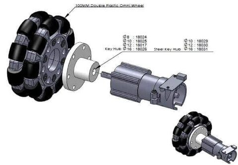 Exploded view of DAAFGEREPV Double Omnidirectional Wheel, 4 Inch 100mm, Competition Wheel, 14041 with assembly parts