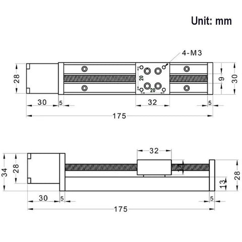 Befenybay 100mm mini linear rail guide with lead screw schematic drawing; front and side views with mounting holes