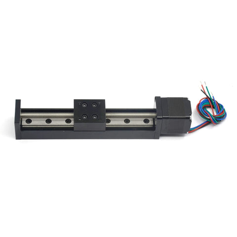 Amazon Befenybay 100mm mini linear rail with T6x1 lead screw and NEMA11 stepper motor, black aluminum frame with wires.