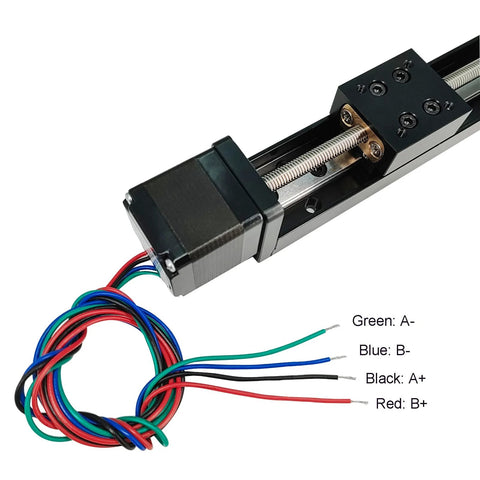 Befenybay 100mm mini linear rail with T6x1 lead screw and NEMA11 stepper; black rail, bronze nut, multi-wire harness.