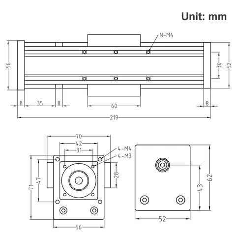 Technical drawing of a 100mm Length Travel Fully Enclosed Linear Stage Actuator with Square Linear Rails Ballscrew SFU1605 with NEMA23 Stepper Motor for CNC Router Parts X Y Z Axis, detailing dimensions and measurements.
